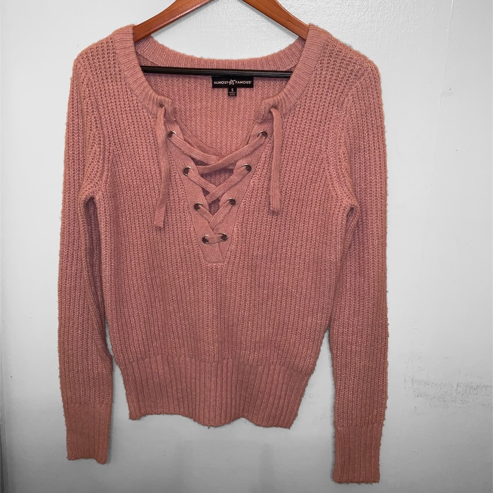 Zumiez Almost Famous Lace-up Front Blush Light Pink Knit Pull Over Sweater